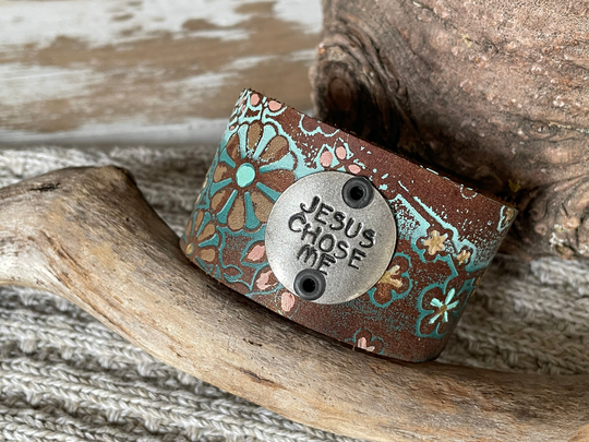 Leather Word Cuff-Art Collection-Jesus Chose MeWeathered Leather - -6 Inch Wrist-Medium