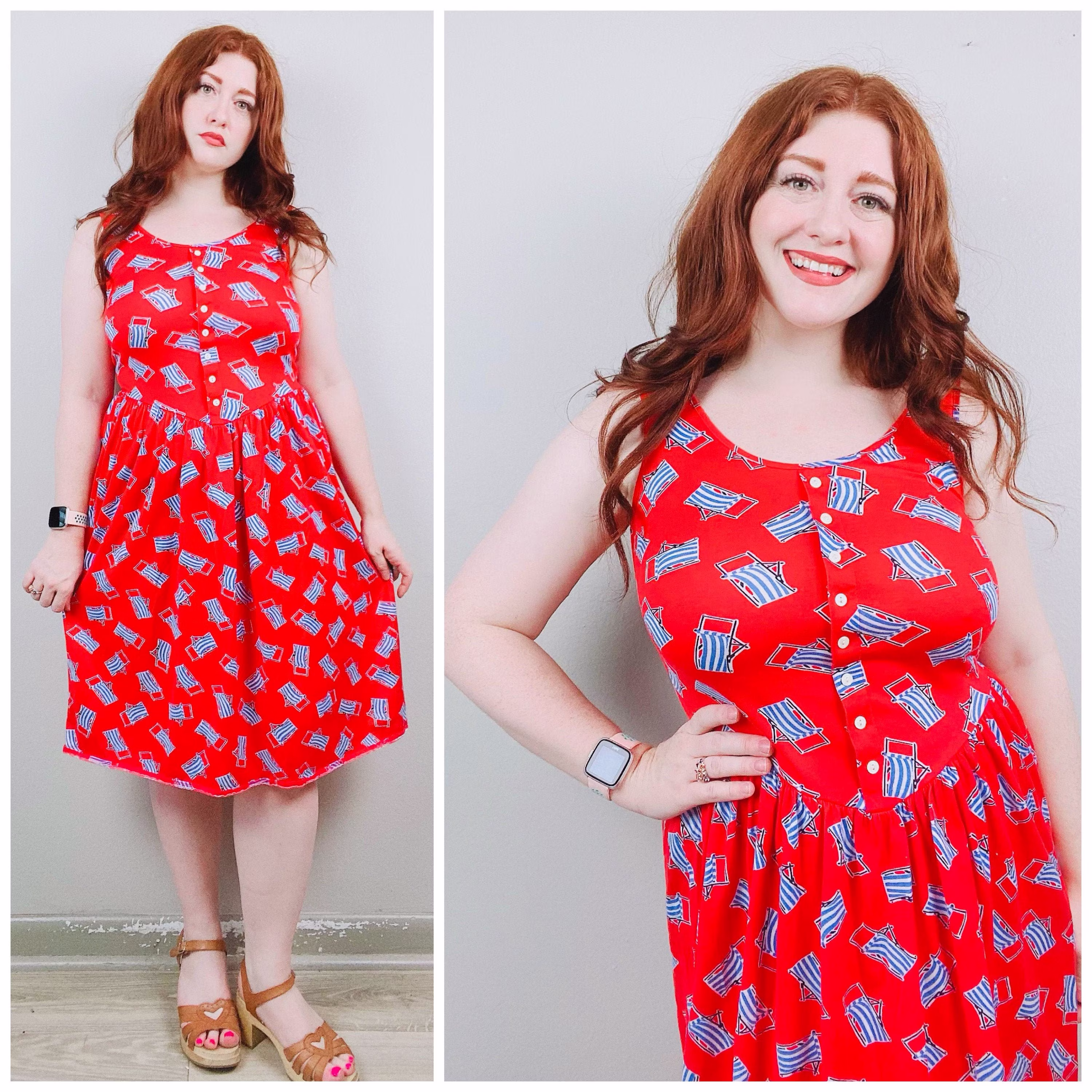 1990S Vintage Land's End Red Lawn Chair Priont Dress/90S Nineties Cotton Novelty Print Sundress Size Small
