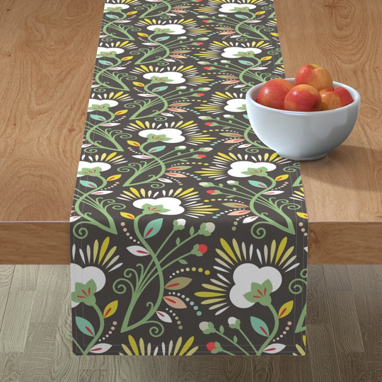 Maximalist Table Runner - Scandi Lily By Leahsoha Arts & Crafts Folk Art Style Floral Damask Cotton Sateen Spoonflower