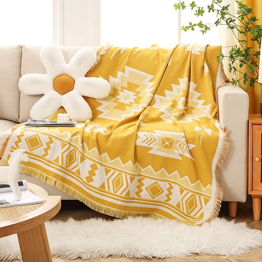 Yellow Reversible Cotton Sofa Throw Blanket With Tassels. Decorative Rug Picnic Camping Tapestry Wall Hanging. Gift For Bff Mum Her