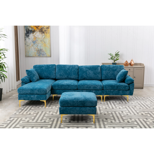 Living Room Sectional Sofa, L-Shaped Upholstered Couch with Movable Ottoman, Convertible Modular Sofa with Gold Metal Legs