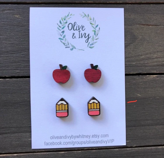 Pencil Teacher Earrings, Apple Wood Stud Gift, Small Earrings