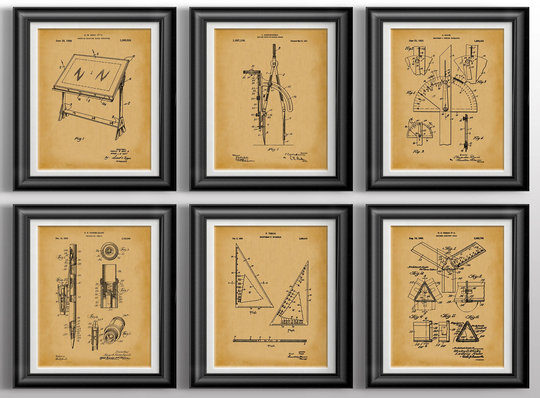 Architecture Poster Set Of 6 Wall Art Engineer Gifts Mechanical Sketch Pencil Drafting Table Gift For Architect Draftsman Tools Protractor