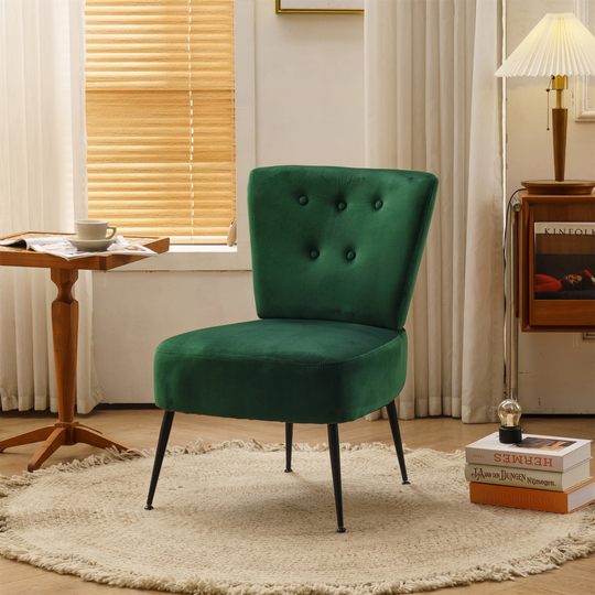 Tufted Back Velvet Fabric Farmhouse Chair with Black Metal Legs Green