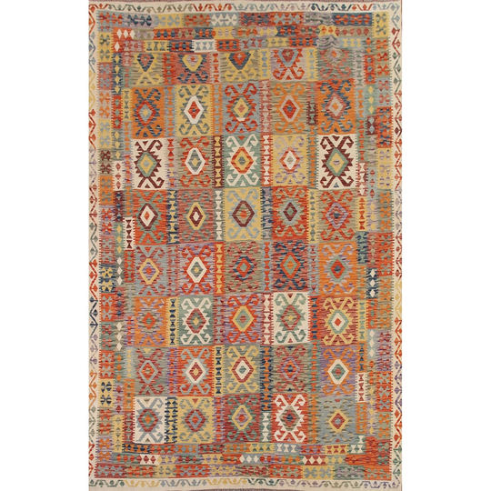 Multi-Color Geometric Kilim Area Rug Flat-weave Oriental Wool Carpet - 9'6"x 12'10"