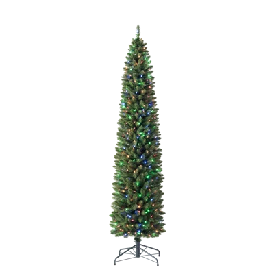 Narrow Profile Artificial Christmas Tree for Tall Spaces Prelit with Color Changing LED Lights