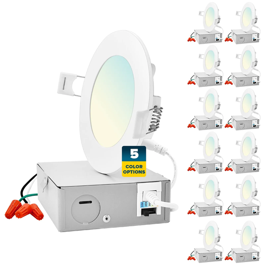 Sunperian 12-Pack 4 inch Ultra-Thin LED Recessed Light J-Box 5 Color Options 10W 750 Lumens Dimmable Wet Rated ETL