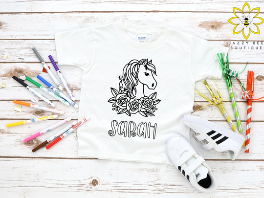Custom Horse Coloring Shirt For Kids, Color Your Own Shirt, Kids Flower Horse Tee, Personalized Stocking Stuffer