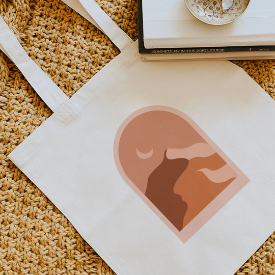 Moon & Sand Dunes Tote Bag/Earthy Book Bag/ Cotton Canvas Reusable Grocery Eco Friendly