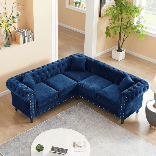 80" Velvet Sectionals Sofa Button Tufted Upholstered Roll Arm L-shaped Sofa with 3 Pillows Included & Solid Wood Gourd Legs