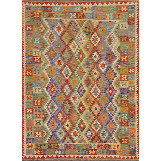 Multi-Color Reversible Kilim Area Rug Flat-weave Geometric Wool Carpet - 8'4"x 9'7"