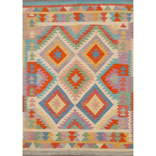 Colorful Kilim Oriental Area Rug Hand-woven Southwestern Wool Carpet - 5'1"x 6'7"