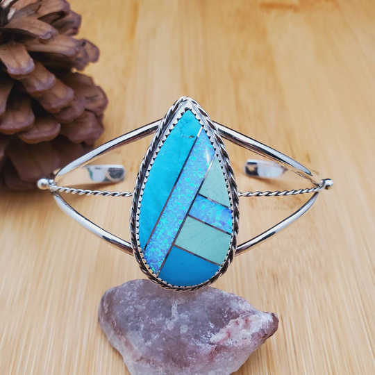 Socute925 Big Teardrop Shape Southwestern Inlay Cuff Bracelet | Sterling Silver Blue Opal Turquoise Multicolor