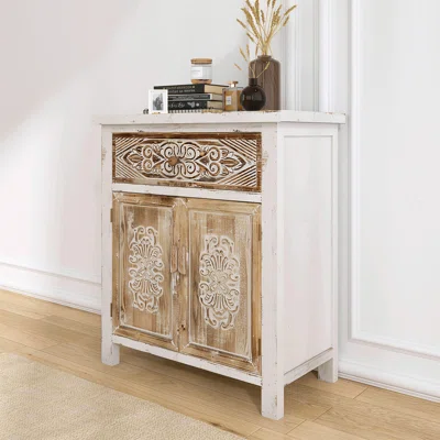 Natural Wood Vintage Accent Storage Cabinet With 1 Drawer And 2 Doors For Entryway, Living Room