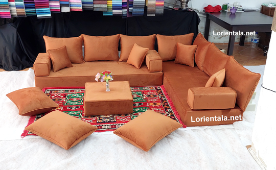 L Shaped 8'' Thick Velvet Amber Floor Seating Sofa Ottoman Cushion Set Arabic Living Room Oriental Corner Home Decor Couch Hookah Sectional