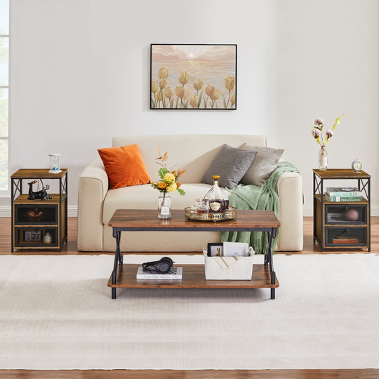 3 Piece Coffee Table Set Modern Coffee Table and Nightstand Set of 2,Rustic Brown