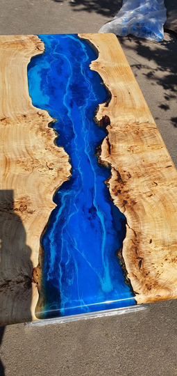 Poplar Epoxy Table, Handmade Custom 65" X 30" Wood Shiny Deep Blue Epoxy, River Table Order