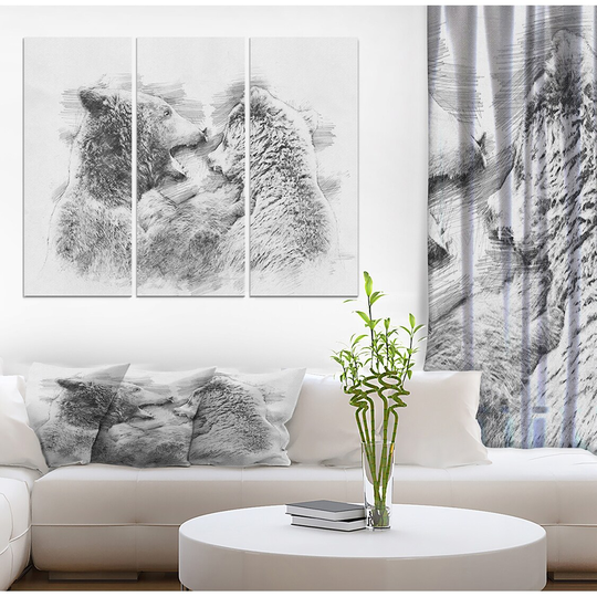 Designart 'Black and White Bear Pencil Sketch' Animals Print on Wrapped Canvas set - 36x28 - 3 Panels