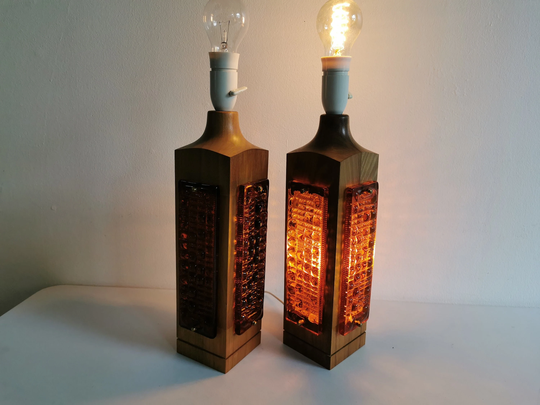 Old Swedish Table Lamps Made Of Wood, With Solid Glass Pieces From Orrefors, Two Light Sources That Can Be Switched On/Off Separately