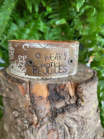 Leather Word Cuff-A Weary World Rejoices-ChristmasWeathered Leather - -6.5 Inch Wrist-Large