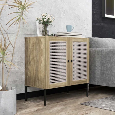 Williston Forge Rattan Buffet Sideboard Wine Cabinet Cupboard With Adjustable Shelf Walnut