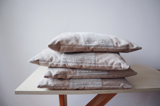 Set Of 4 Chair Cushions With Woven Elements White & Beige Pads Scandinavian Little Seat Cushion Handwoven Home Decor Hygge