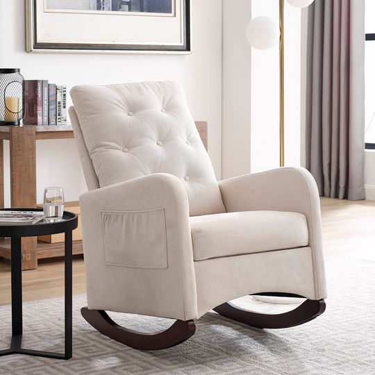 Modern Comfortable Upholstered Rocking Chair Living Room Chair, Solid Wood Lounge Chair with High Backrest & Cozy Armrest Chair