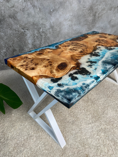 Epoxy Dining Table, Live Edge Resin Kitchen Wooden Office Desk, Table
