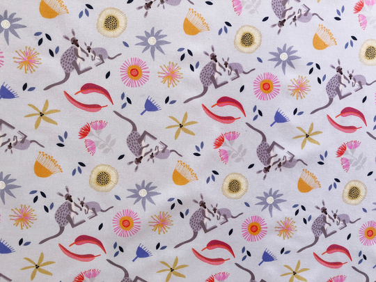 Baby Kangaroo & Aussie Flora Light Grey Quilting Cotton Fabric By 1/4 Or 1/2 Yard, Fat Quarter Fabric, Australian Wild Bush Animal