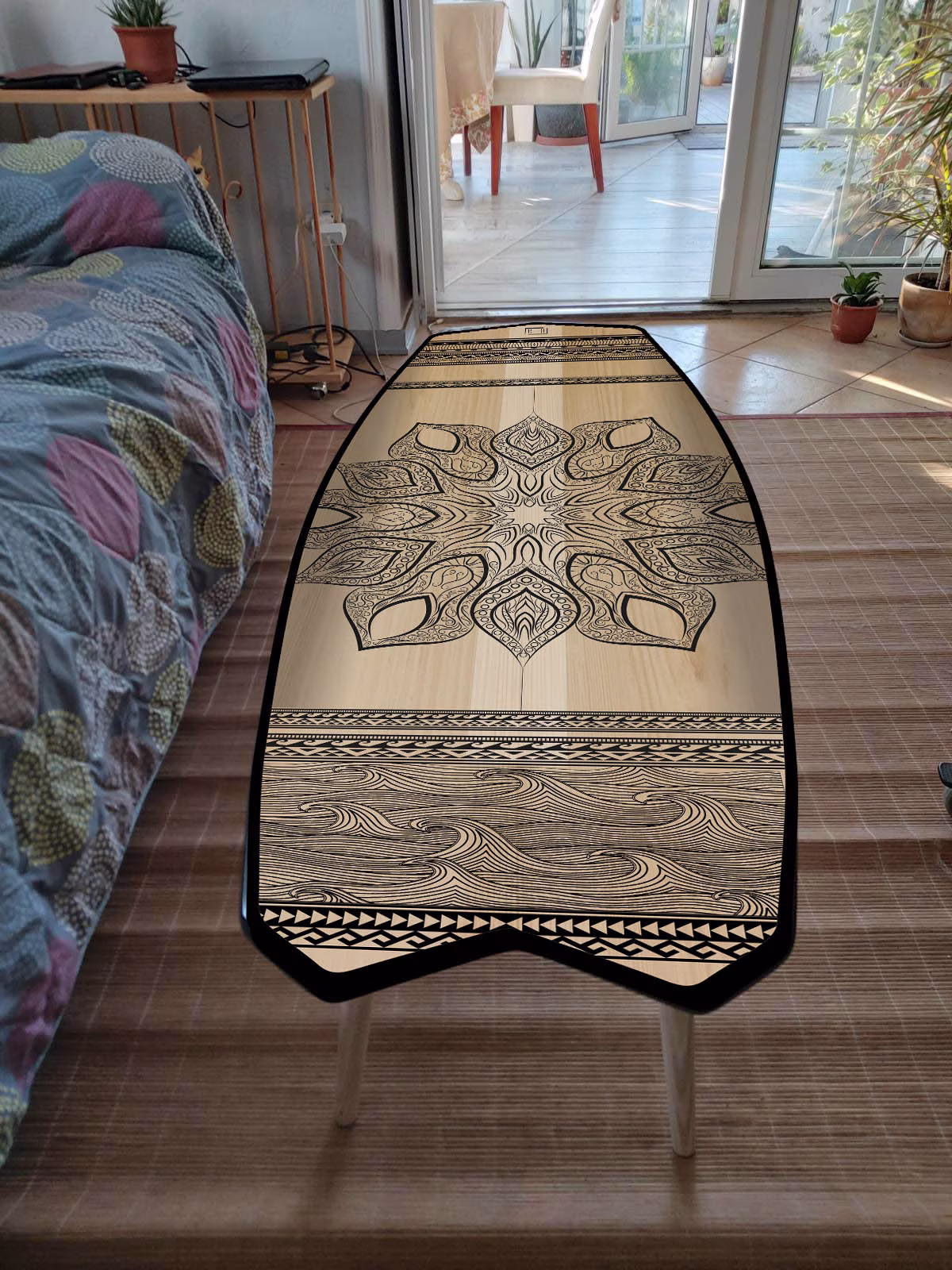 Surfboard Table, Maori, Surfing Gift, Bar Decor, Beach Art Decor