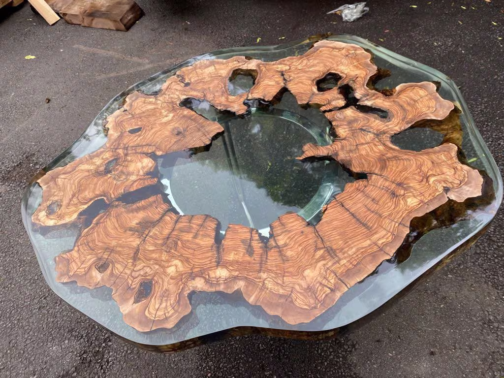 Handmade Resin Table, Epoxy Coffee Dining Custom 40" Diameter Round Olive Wood Order For Stephen