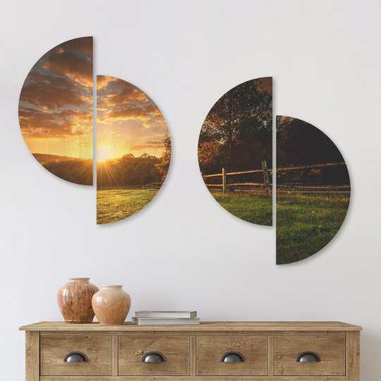 Designart 'Fenced Ranch at Sunrise' Landscape Wood Wall Art Set of 4 Half Circles - Multi-Color