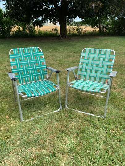 2 Vintage Webbed Aluminum Folding Lawn Chairs-His & Hers Chairs-Green Aqua & White-Retro Camping Chair-Woven Beach Chair-Garden Chair