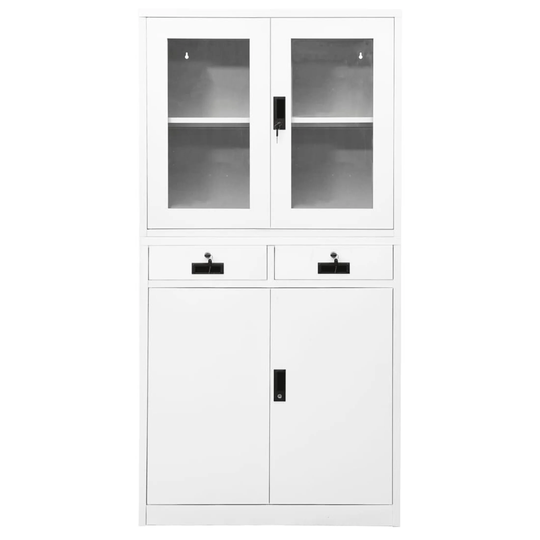 Office Cabinet Steel Frame and Tempered Glass with Door Drawer White