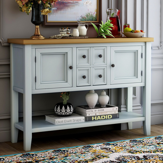 Vintage Elegant Style Buffet Sideboard Console Table with 4 Storage Drawers, 2 Cabinets & Bottom Shelf (Antique Gray)