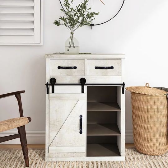 Fir Wood and Metal Farmhouse Barn Door Accent Cabinet