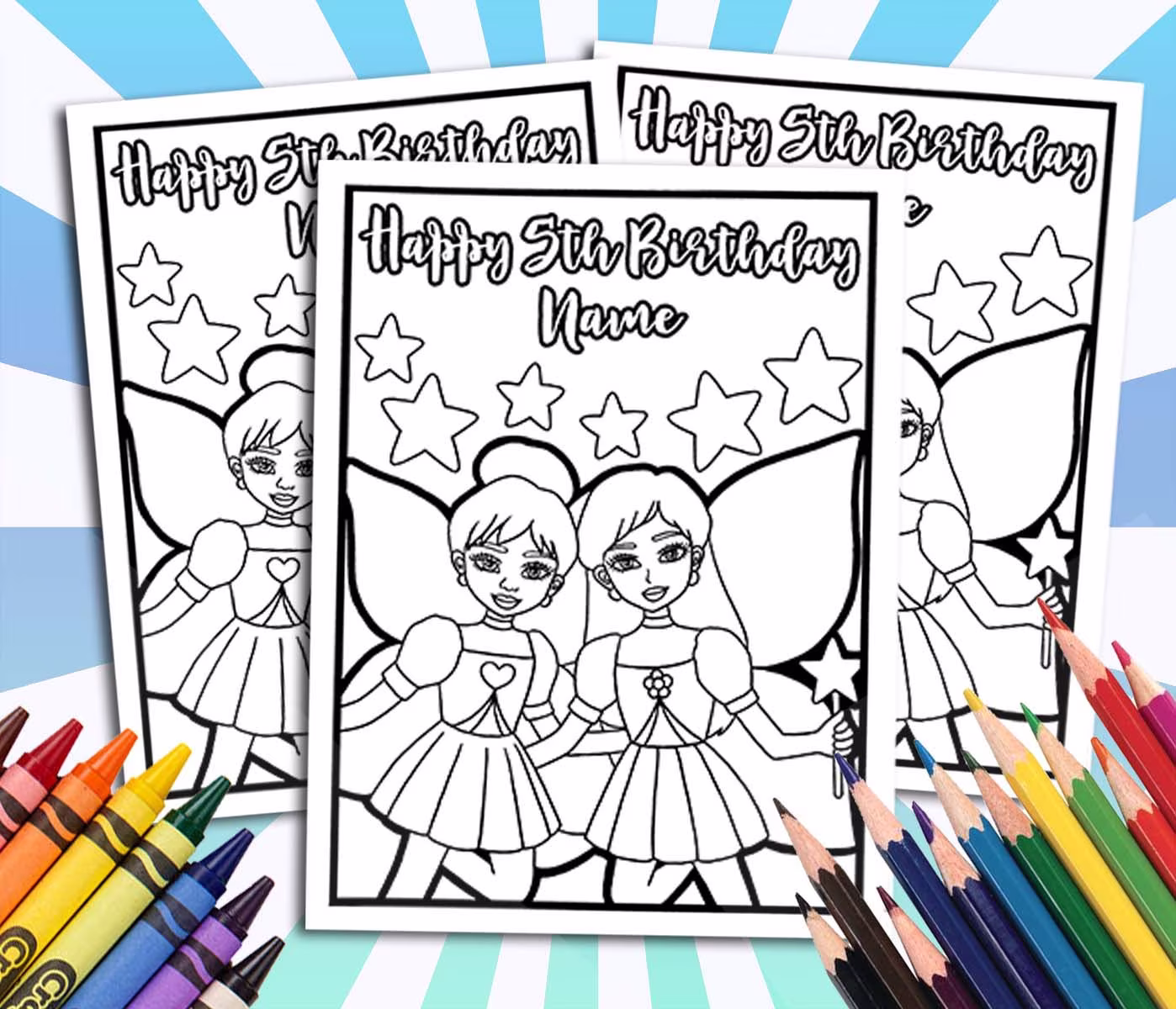 Fairies Happy Birthday Coloring Pages, Custom, Personalized Party Decor