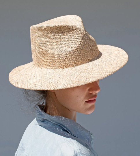 Natural Colored Summer Fedora With Wide Straight Brim. Handmade Hat From Finely Woven Straw, in Classic Shape For Men & Women. Vincent