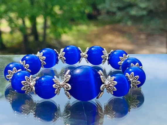 Blue Cat's Eye Bracelet, Stretch Grade Aaa+ Fiber-Optic Glass Beads, Bead Protection Bracelet