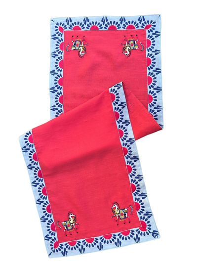 Decorative Pink Linen Table Runner - 100% Decor Blue & Red Embroidered Cording Cloth Vintage Style Decoration
