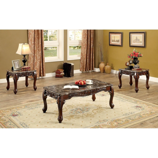 Wooden Coffee Table and End Tables Set with Faux Marble Top, Pack of 3, Brown