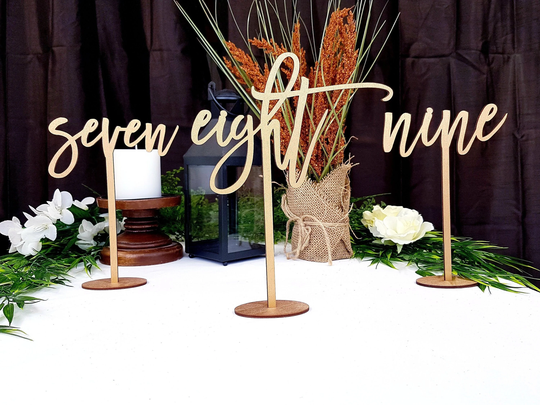 Gold Table Numbers For Wedding | Fancy Wood Laser Cut With Base 10" Tall