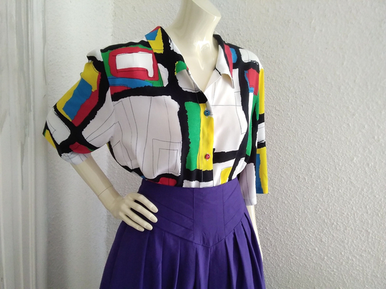 80S Colorful Blouse Summer Pop-Art Vibrant Colors Button Up Shirt Notched Collar 16 Us Size Abstract Geometric Print Multicolor Top