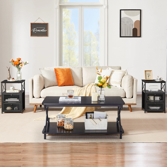 3 Piece Coffee Table Set Modern Coffee Table and Nightstand Set of 2,Black