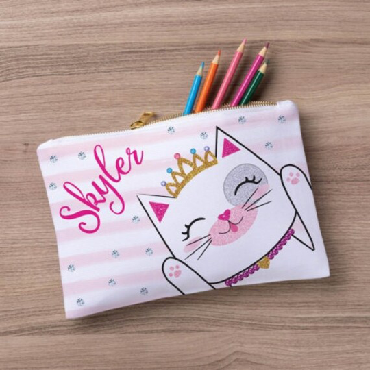 Princess Kitty Cat Large Zipper Pouch, Custom Name Pencil Case, Stationery Zip Personalized School Supplies, Back To