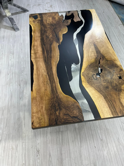 Live Edge Table, Epoxy Resin Custom 48" X 30" Walnut Clear River Dining Order For Kendra
