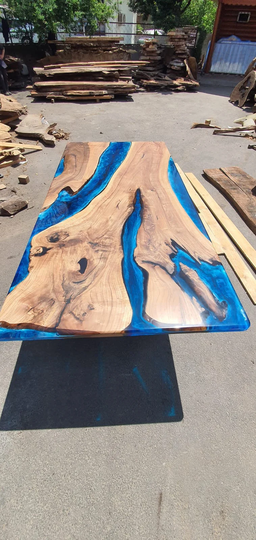 Live Edge Table, Custom 96" X 45" Walnut Ocean Blue, Turquoise White Waves River Epoxy Dining Order For Karen Z