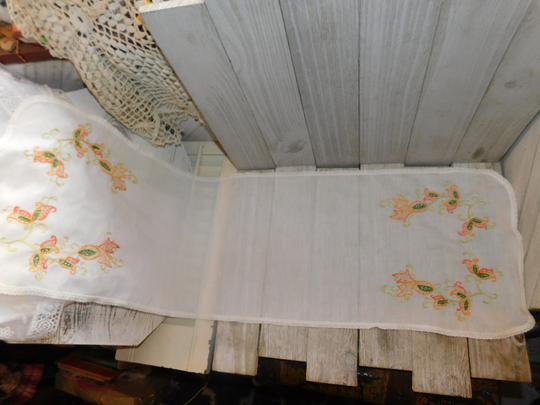Vtg Embroidery Flowered Table Runner, Orange Green, Flower Linen, Dresser Cover, Shelf Prop, Daysgonebytreasures