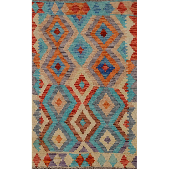 Multi-Color Geometric Kilim Area Rug Flat-weave Wool Carpet - 3'2" x 4'8"