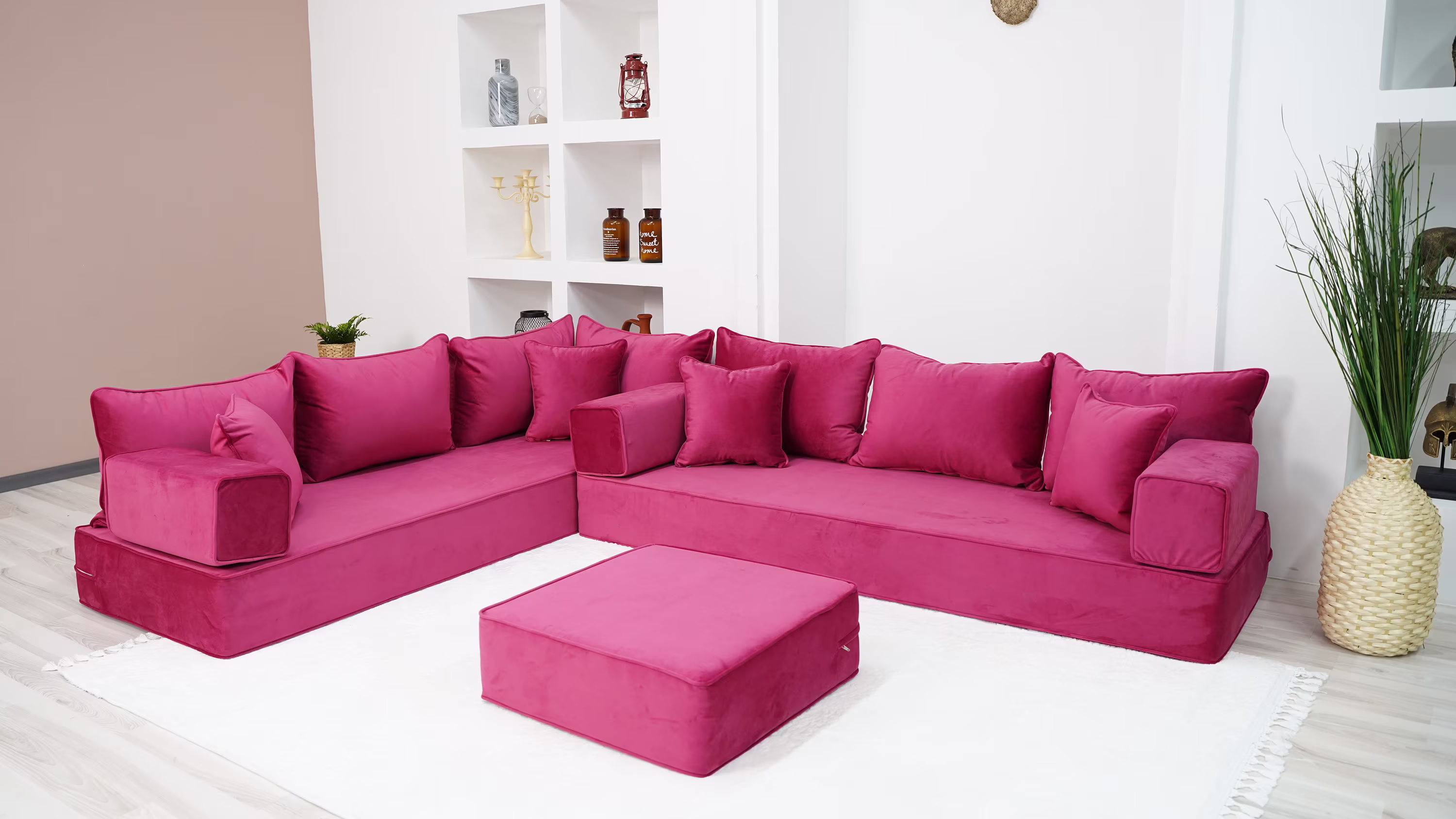 8" Thickness Velvet Pink L Shaped Floor Seating, Modern Livingroom Couch, Velvet Sofa Cover, Bed, Corner Arabic Seating